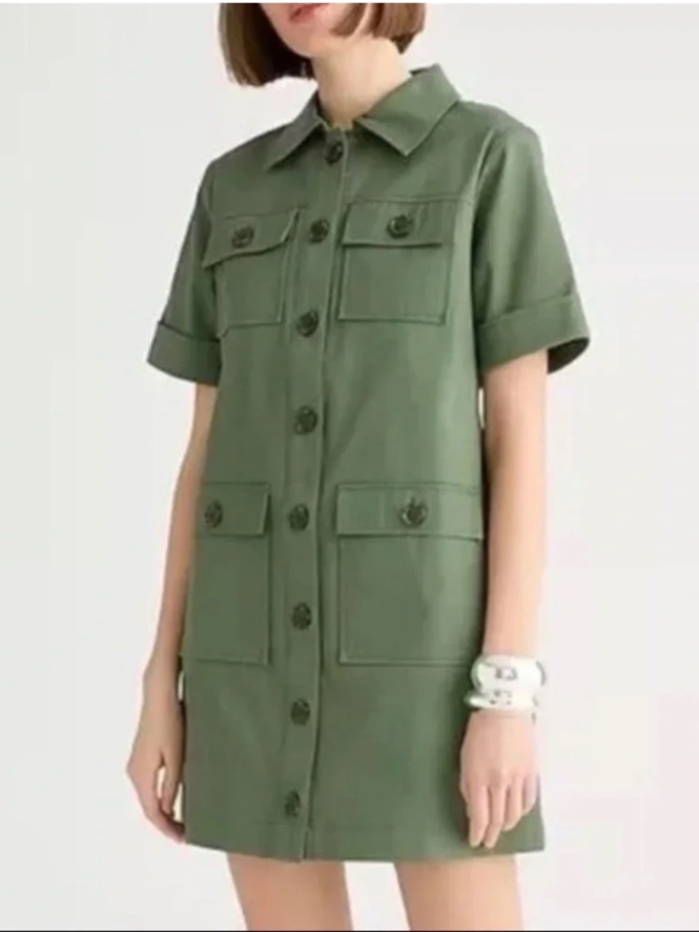 NEW! J.Crew utility shirt dress in an olive green stretch cotton twill. Size 0